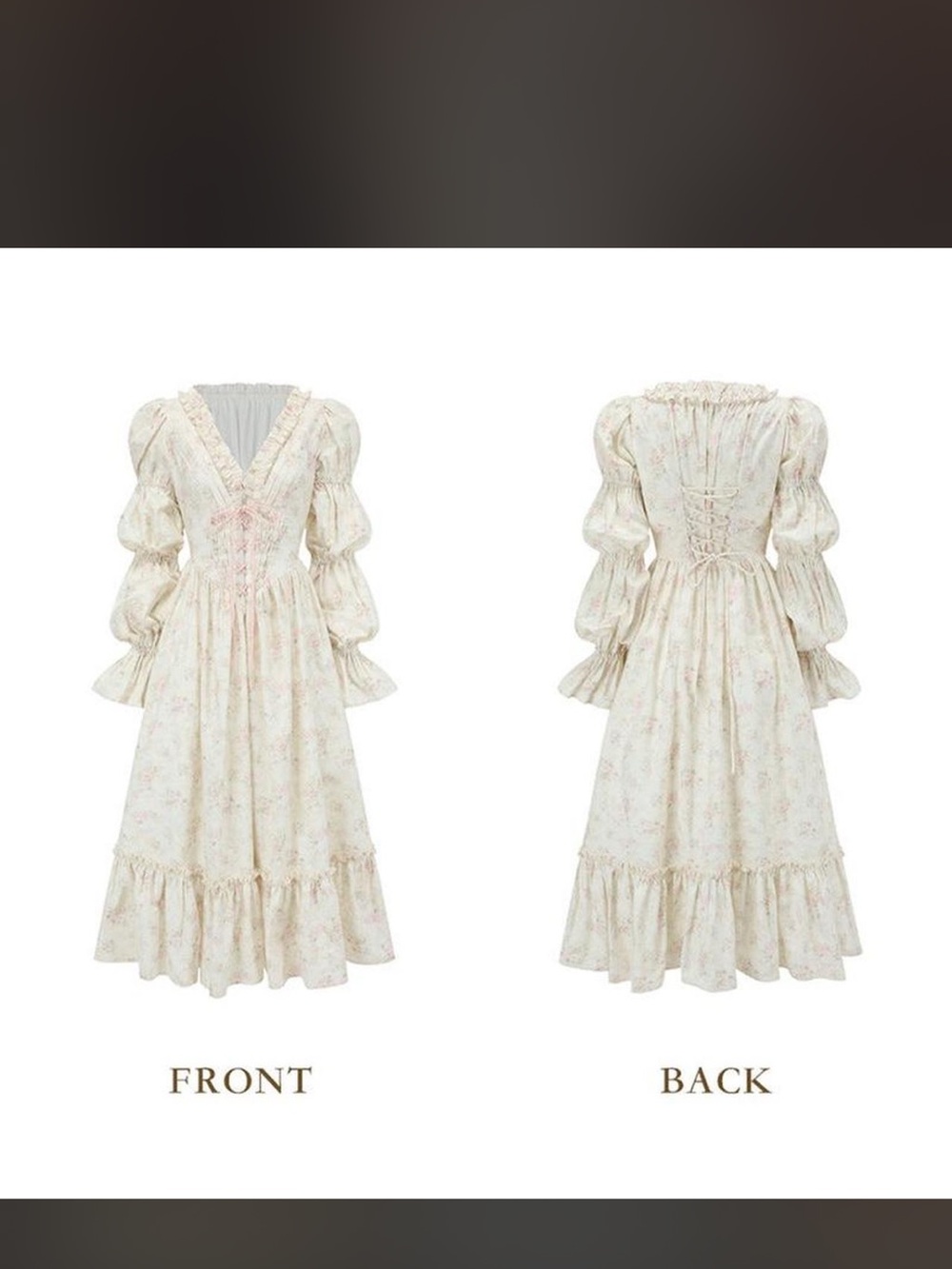Cream Floral Lace-Up Romantic Chemise with Puff Sleeves